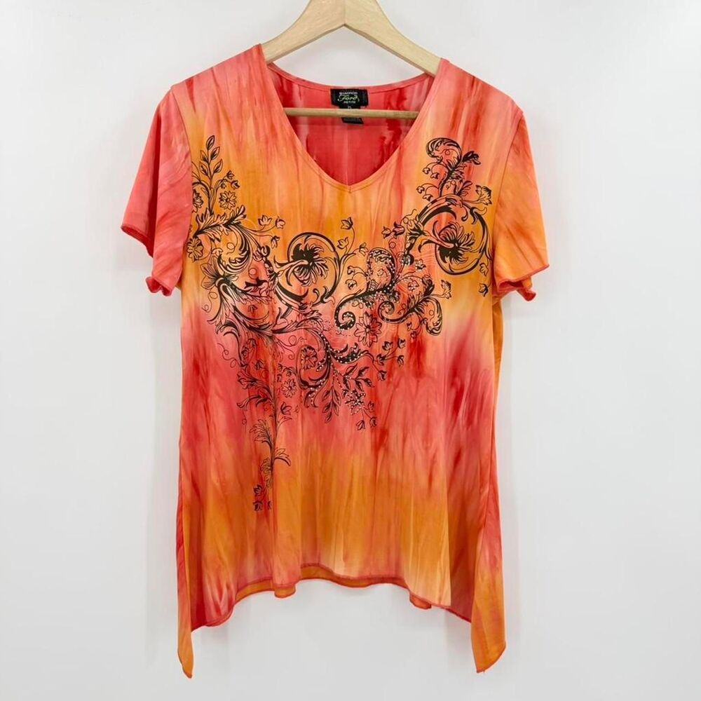 Shannon Ford Petite Tie Dye Rhinestone Sharkbite Hem Top Orange Pink PL